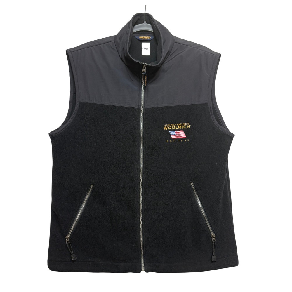 Woolrich Vest Mens M Black John Rich and Bros 17196 Fleece Full Zip Logo